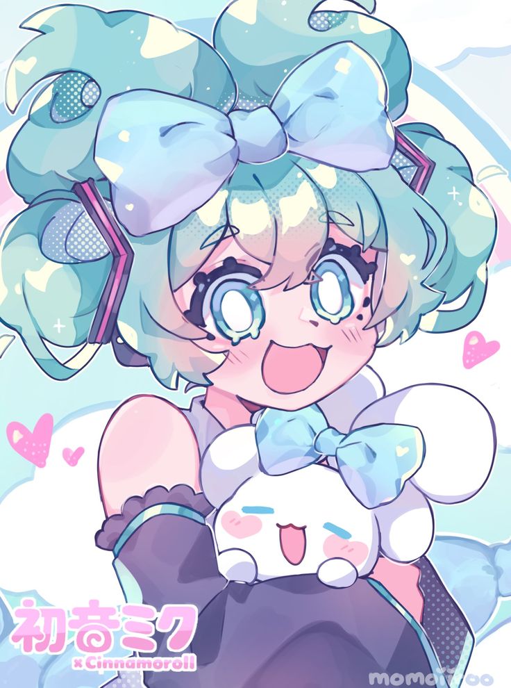 the image is a digital illustration of a cute anime girl with big blue eyes and a bright smile. she has long green hair tied with a blue bow. the girl is hugging a white bunny plushie with a blue bow. the background is pink and blue with hearts and clouds. the overall theme of the image is cute and kawaii.