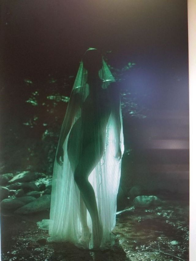 a woman stands in a dark forest, wearing a flowing white dress with a sheer green veil. the light is soft and ethereal, and the scene feels magical and mysterious. the woman's silhouette is barely visible against the backdrop of the dark trees, and her pose is graceful and alluring.  the image is dreamy and surreal, and it evokes a sense of wonder and mystery.