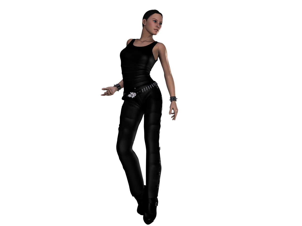 a 3d rendering of a woman standing in a black tank top and leather pants with wristbands and a studded belt on a dark background.