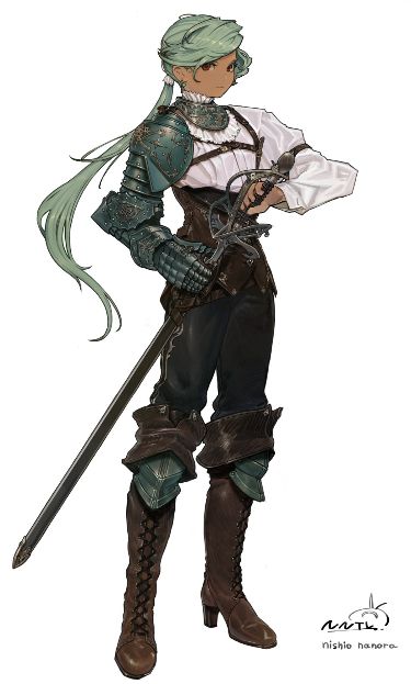 a digital illustration featuring a female warrior with mint green hair tied in a ponytail. she is clad in intricate armor with a combination of green and brown leather, accented with white fabric. she stands confidently, holding a sword in her right hand. the background is plain white. the style of the artwork leans towards fantasy and concept art, suggesting a character design for a game or a story.