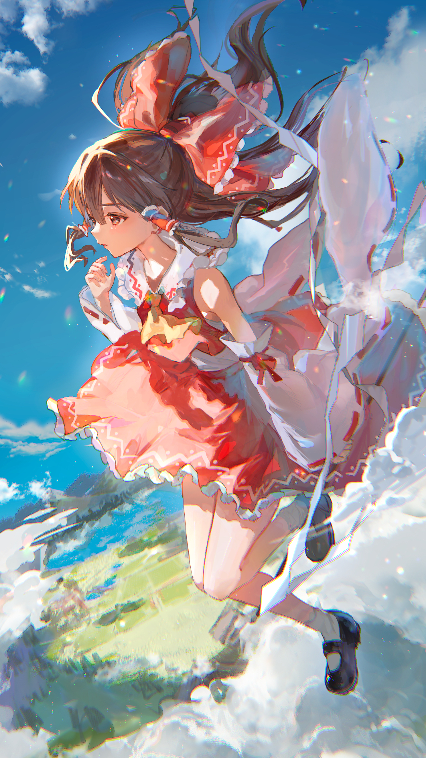 the image is a vibrant digital painting or illustration of an animestyle girl, strongly resembling cirno from the touhou project. she has long brown hair adorned with a large red bow and white ribbons, and wears a short, ruffled red and white dress.  she's depicted midair, seemingly floating or flying amongst fluffy white clouds against a bright blue sky. the background shows a distant landscape of green fields and water, enhancing the whimsical and slightly surreal atmosphere. the art style is dynamic and expressive, with soft, painterly brushstrokes and a focus on color and movement. the overall impression is one of lighthearted magic and fantasy.