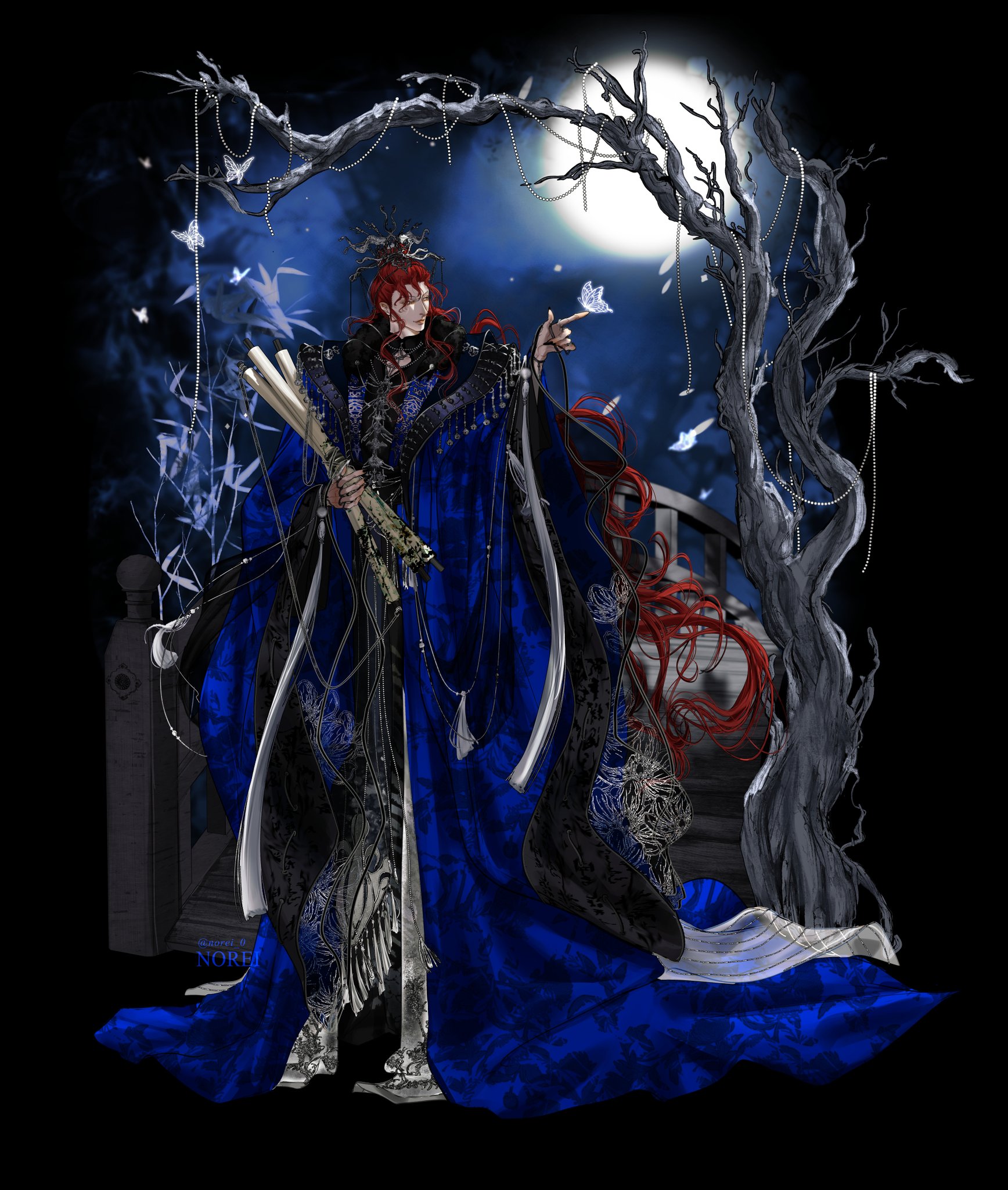 a male anime character stands on a bridge under the moon. he is wearing a long blue robe with black accents. he has red hair and is holding a scroll in his hand. the background is a dark night with a tree and a moon.