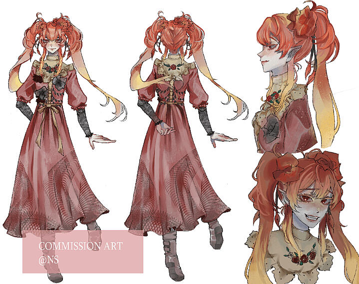 this image shows an anime girl character. she has long, bright red hair with a few strands of blonde. she is wearing a long, red dress with gold and black detailing. the character is drawn in a cute style and has a charming, friendly expression. she is posed in different views, such as standing from the side and looking at the viewer. the art style is digital.