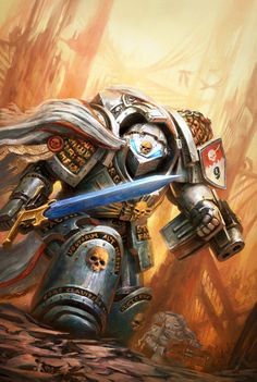 a lone space marine strides through a ruined cityscape, bathed in the warm light of a setting sun.  he wears the blue and silver armor of the ultramarines chapter, a white cloak billowing behind him.  he carries a power sword in one hand and a bolt pistol in the other, his posture suggesting imminent combat. the scene evokes a sense of grim determination and the brutality of war in a futuristic setting.