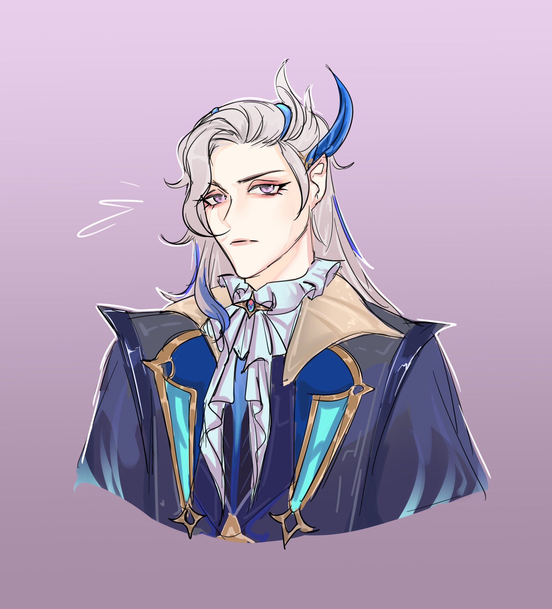 this is a digital art piece of a male character drawn in the style of anime and manga. he has long white hair and blue eyes, and is wearing an elaborate outfit.  his hair is swept to the side, and his expression is serious and thoughtful.  the character has blue horns and is wearing a dark blue and gold jacket over a white tie. the background is a light purple color.