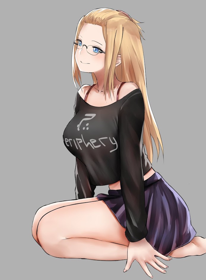 the image depicts a young anime girl with long blonde hair, sitting with her knees bent and her feet tucked behind her. she is wearing a black longsleeved shirt with a white word "periphery" printed on it. the shirt is cropped and reveals her midriff. she is also wearing a dark purple pleated skirt. she is wearing blackrimmed glasses and has a soft smile on her face as she looks off to the side. she has blue eyes, and her hair is styled with a small bun at the back. the background is a solid gray color, which helps to highlight the subject of the image.
