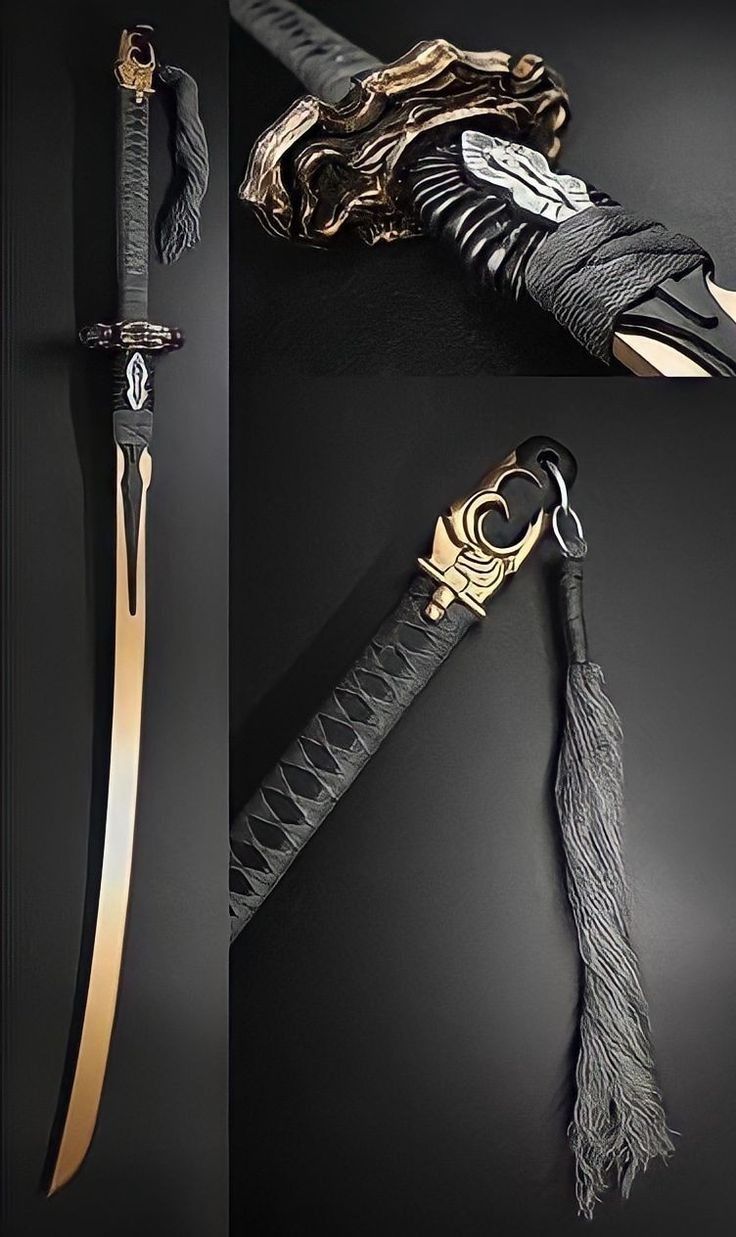 a long katana sword with a gold blade and ornate gold and black handle is laid on a black background. the handle is wrapped in a black material and adorned with a decorative gold fitting. a long gray tassel hangs from the end of the handle. a closeup image shows the intricate details of the sword's handle, including the design and the wrapped material.