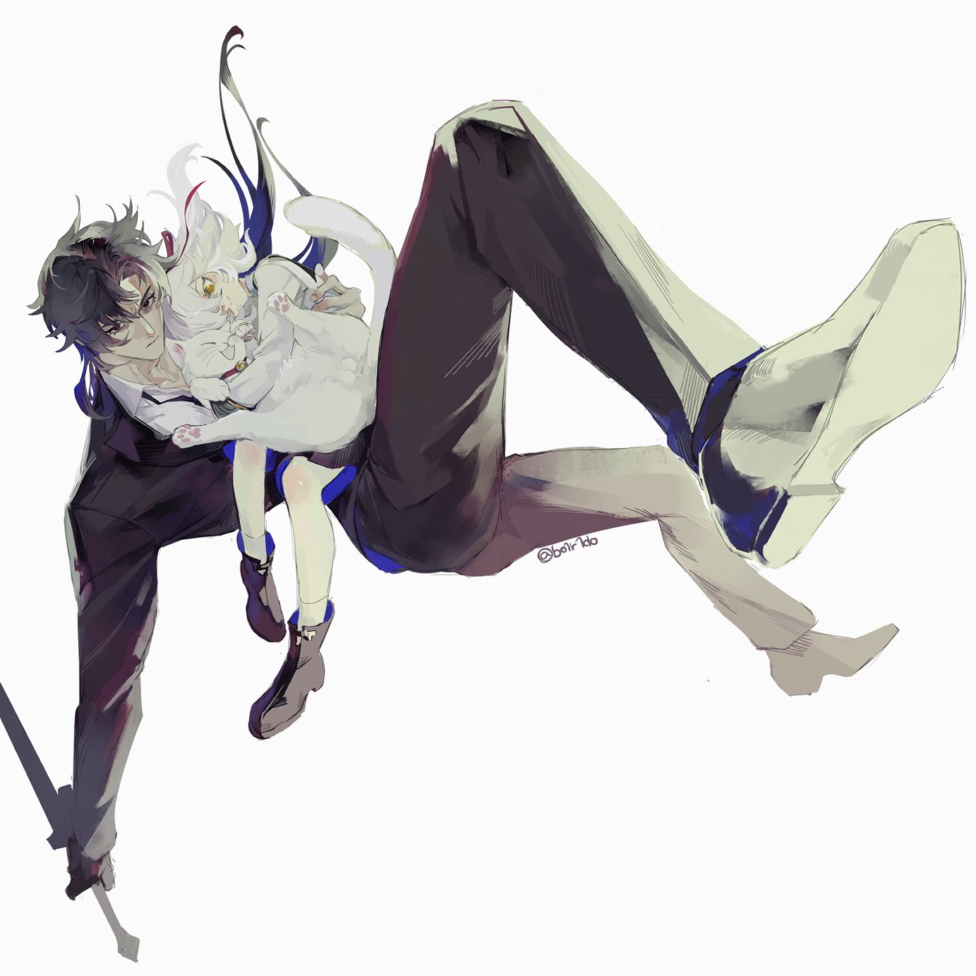 the image is a digital illustration of an anime character, a man with black hair and blue eyes, wearing a suit. he is falling and holding a white cat in his arms. the cat is sitting in a white dress. the man is falling towards the ground and holding a sword. the background is white.