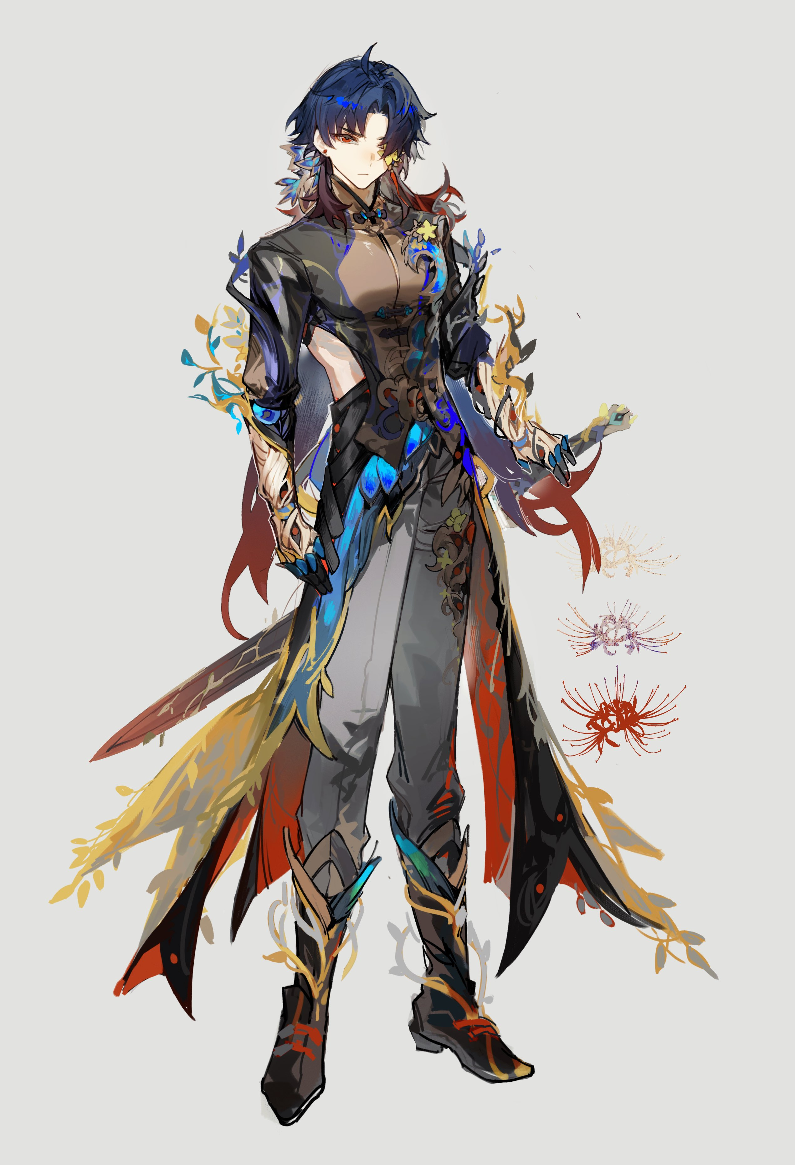 a fulllength portrait of a male fantasy character with a sword. he's wearing ornate armor with flowing fabric elements, and vines and flowers are integrated into his design.  there is a second smaller version of a flower design on the right side.