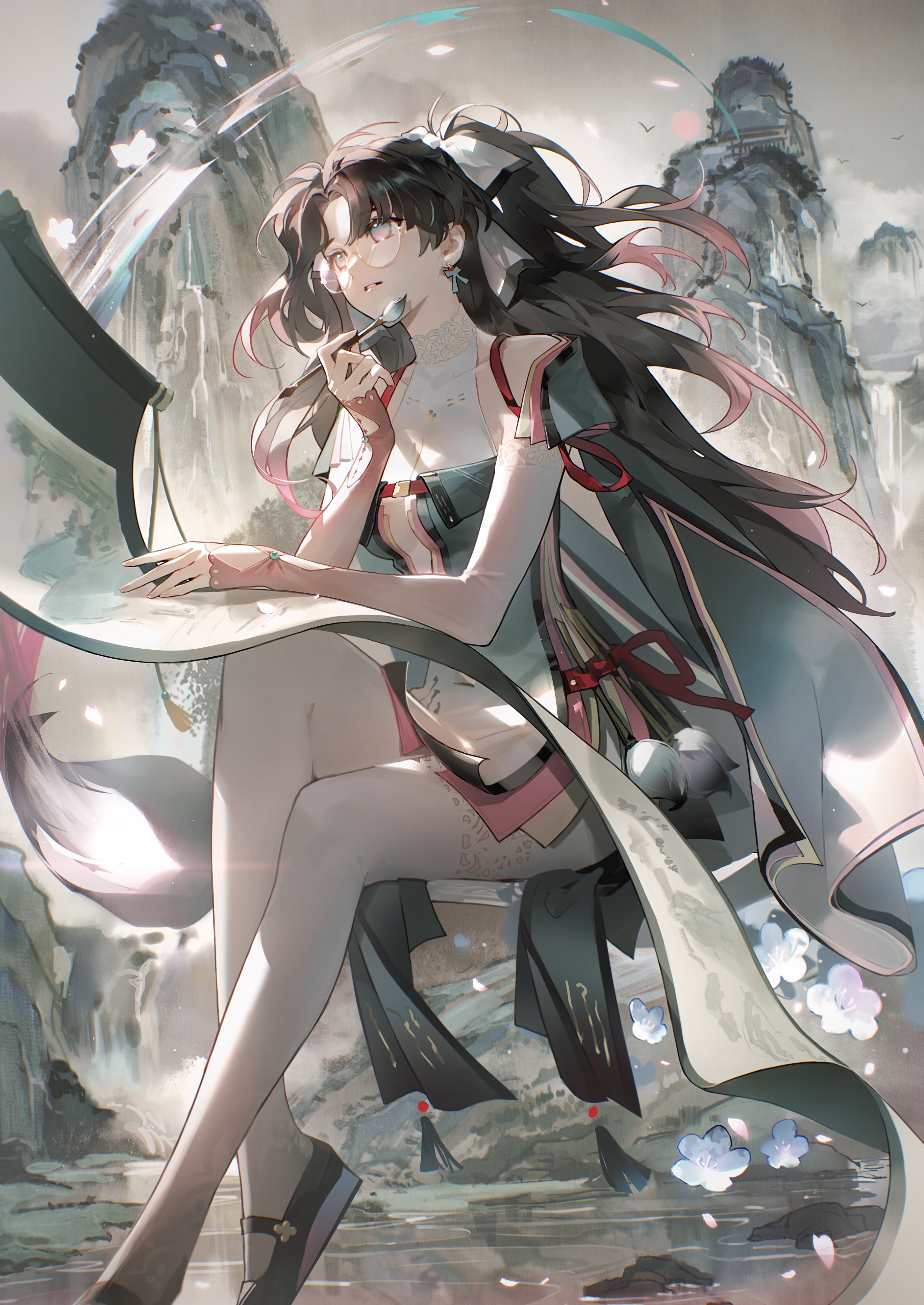 the image showcases a female character, seemingly a kitsune given the fox tail, drawn in an anime style. she is seated gracefully amidst a serene natural landscape with mountains, flowing water, and delicate flowers. the artwork exudes a soft, diffused natural lighting, creating a tranquil and mystical ambiance.  the character is meticulously detailed, wearing a beautiful outfit that appears to be inspired by traditional chinese clothing (hanfu). she holds a brush to her lips, seemingly lost in thought as if about to transcribe inspiration onto the flowing scroll beside her.