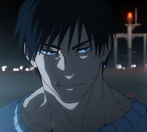 the image is a digital illustration of a man with short black hair and piercing blue eyes.  he has a muscular build and a scar on his left cheek. he is wearing a blue sweater and is standing in front of a blurred background of city lights at night. the lighting is dramatic, with hard shadows and highlights. the overall impression is one of strength, confidence, and a hint of danger.