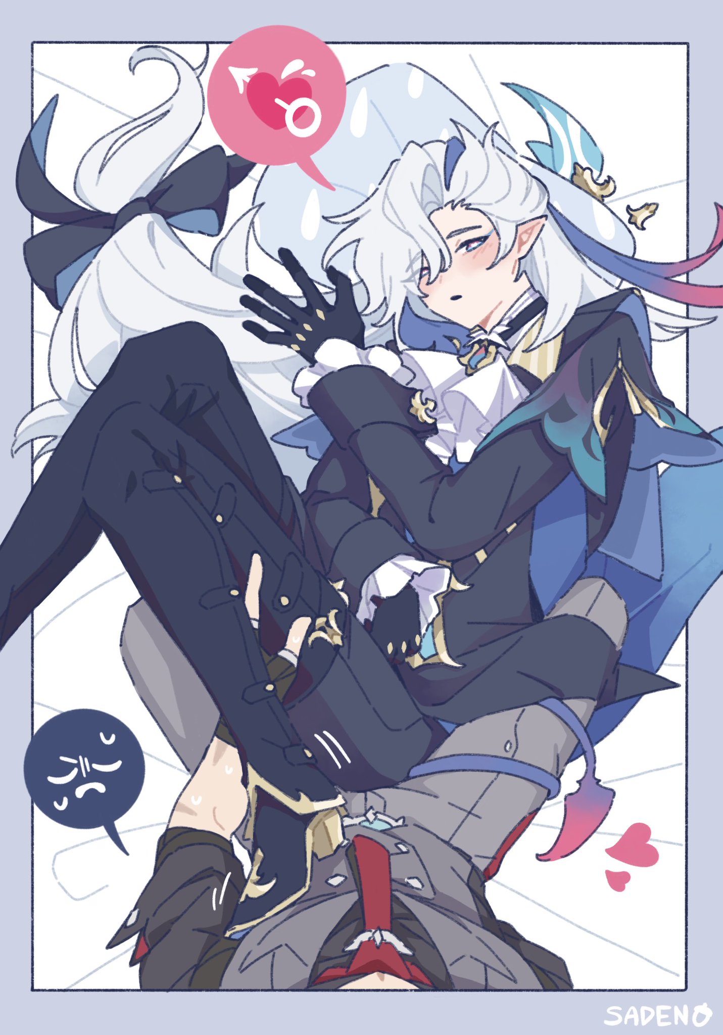 the image is fanart depicting a romantic, intimate scene between two male characters, strongly suggestive of a bl (boys' love) relationship.  the style is reminiscent of anime and manga, with a soft color palette and clean line art. one character, with long, flowing white hair and an elaborate blue and black outfit, rests on top of the other, who is lying down. their positions and expressions strongly suggest intimacy and affection.  the setting is simple, a white background that emphasizes the characters.  a speech bubble with a male gender symbol and heart indicates romantic interest, while another speech bubble suggests a slightly grumpy reaction from the bottom character.  the overall aesthetic is cute and suggestive.  the artist's signature "sadeno" is visible in the bottom right corner.  the specific characters seem inspired by genshin impact's art style and potentially depict ganyu and xiao, given their clothing and overall aesthetics, although it is fan art and not an official representation.