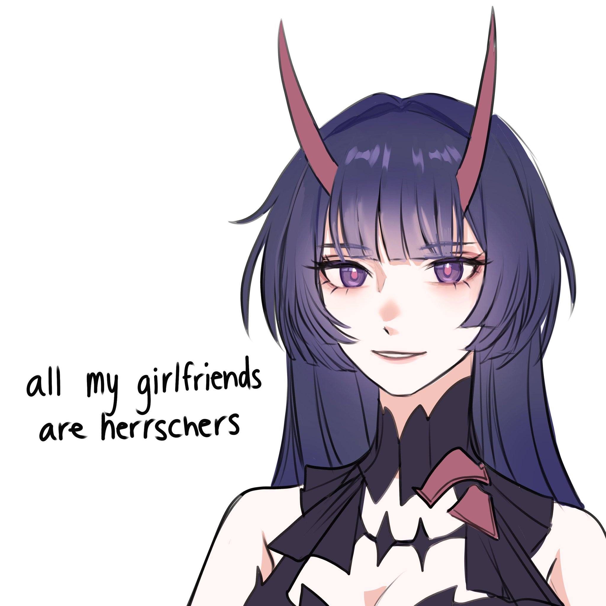 an anime style drawing of a female character with purple hair and red horns. she is wearing a black dress and has