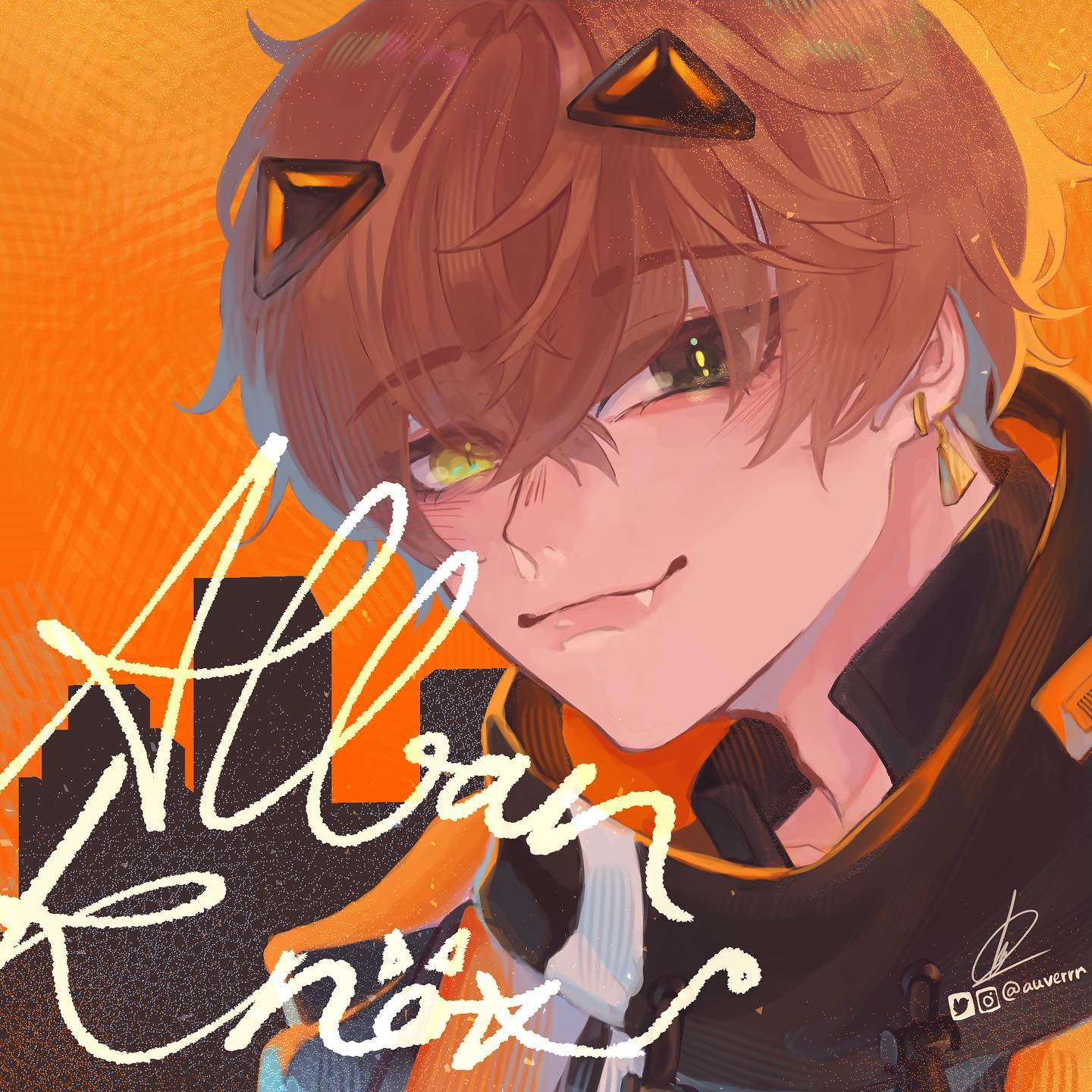 the image is a vibrant digital painting or illustration of an animestyle male character named allan knox.  the character has brown hair styled in a slightly messy fashion with small, orange, triangular accessories resembling horns or ears.  he wears a futuristiclooking outfit with orange and black accents and what appears to be part of a headset or headphones.  his eyes are a striking yellowgreen, and he has a selfassured smirk. the background is a contrasting bright orange with a stylized cityscape and the character's name, "allan knox," written in a bold, artistic script. the artist's signature or tag, "@auvettr," is visible in the bottom right corner. the overall style is expressive and dynamic, with a focus on bold colors and sharp lines.