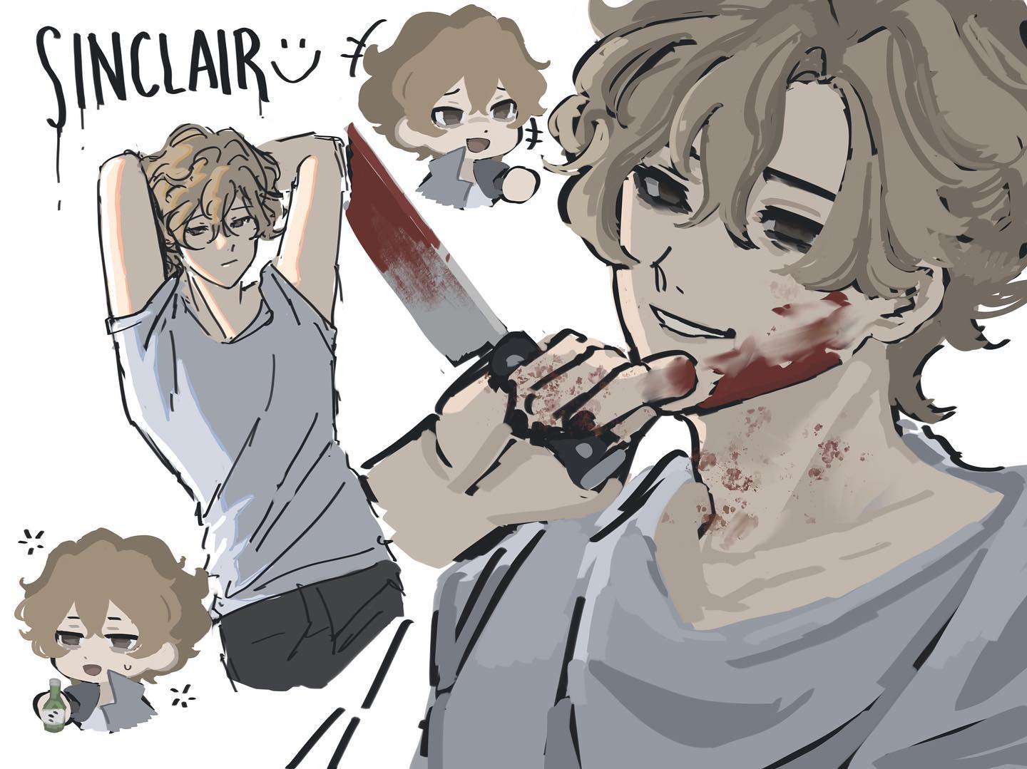 he image is a digital drawing or fanart featuring a character named sinclair. the main focus is a young man with blond, slightly messy hair, who is holding a bloody knife and has blood on his face and neck.  he is smirking, giving a unsettling vibe. other smaller drawings of the same character are included, in different styles and expressions, adding to the overall effect of a multiplepanel story, or character exploration. the style is anime or mangainspired, with loose, slightly sketchy lines and muted colors. the overall tone is dark and violent, suggesting a scene of murder or intense suspense.