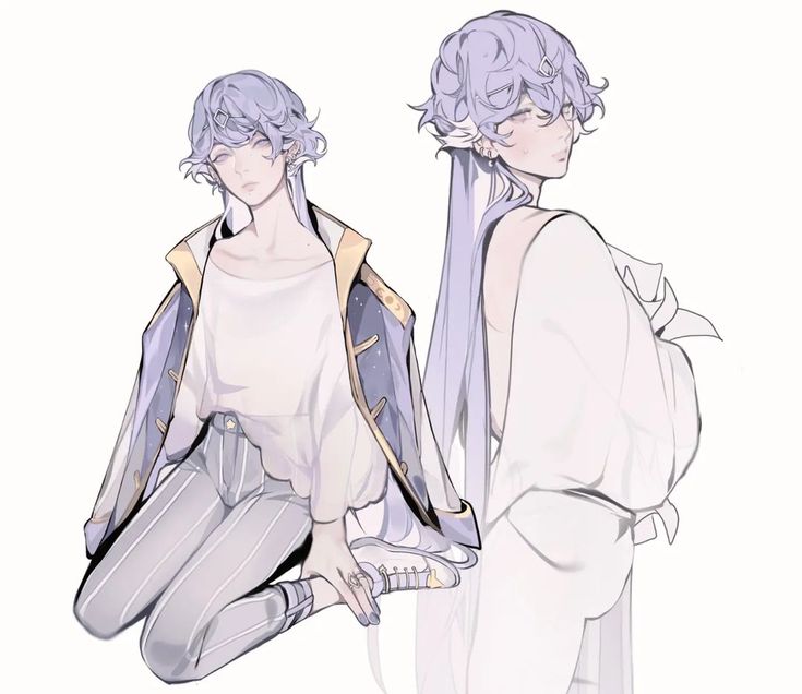 the image showcases two variations of an animestyle male character.  the left depicts a boy with short, purplishgrey hair, seated and wearing a stylish outfit combining a loose white top with striped pants, and a purple jacket with gold accents. the right side shows the same character, but with his hair styled longer and swept back, wearing a loosefitting, almost flowing white outfit that seems more casual yet still elegant. both versions feature a similar soft pastel color palette with a focus on shades of purple and white. the style is reminiscent of both anime and manga, with soft lines and a delicate rendering of the characters and clothing.  the overall impression is of an ethereal, graceful and stylish character.