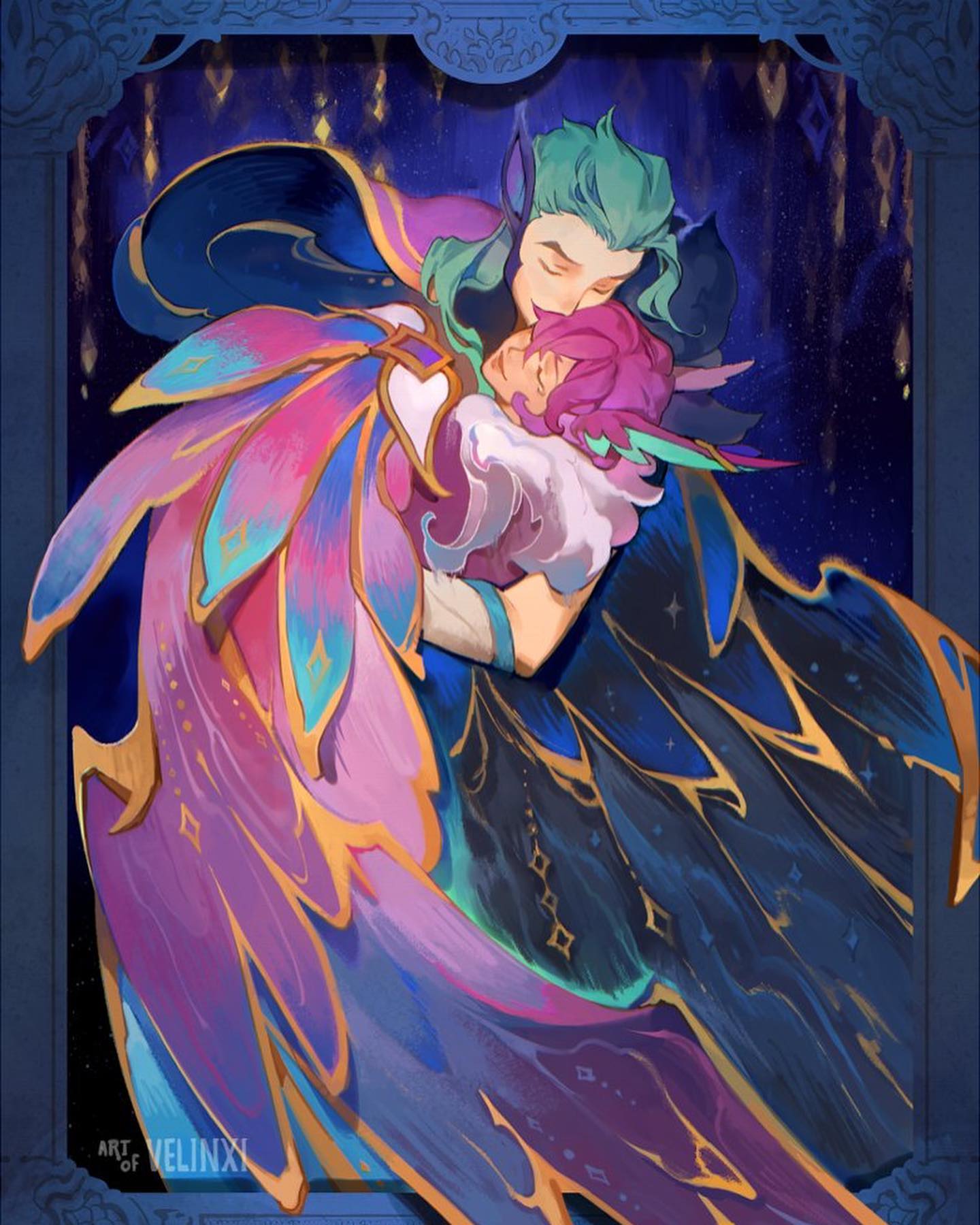 the artwork depicts a romantic embrace between two characters, possibly fanart of seraphine and sett from league of legends. the style is digital painting with a strong fantasy influence.  the characters are elegantly dressed in vibrant clothing with large, colorful, winglike elements.  they're set against a dark, starry night sky, adding to the ethereal and magical feel. the overall impression is one of love, romance, and a sense of wonder. the artist's signature, "velinxi," is subtly included in the bottom left corner.