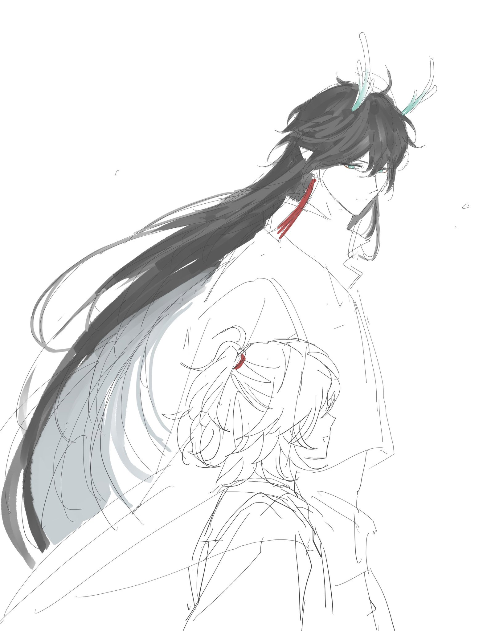 a simple, elegant drawing of a male and female anime character. the male character has long black hair and is wearing a white shirt with a red ribbon. the female character has short white hair and is wearing a white shirt. they are both facing away from the viewer. the background is white and the drawing is done in a simple style.