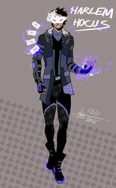 a digital drawing of a male character, labeled "harlem hocus," with playing cards floating around his left hand. he is wearing a longsleeved, darkcolored jacket over a black shirt, and a white mask covering his eyes.  the character's right hand is outstretched and surrounded by a purple aura.  the background is a dark gray with faint playing card symbols.  the artist's signature and date are visible in the lower right corner.