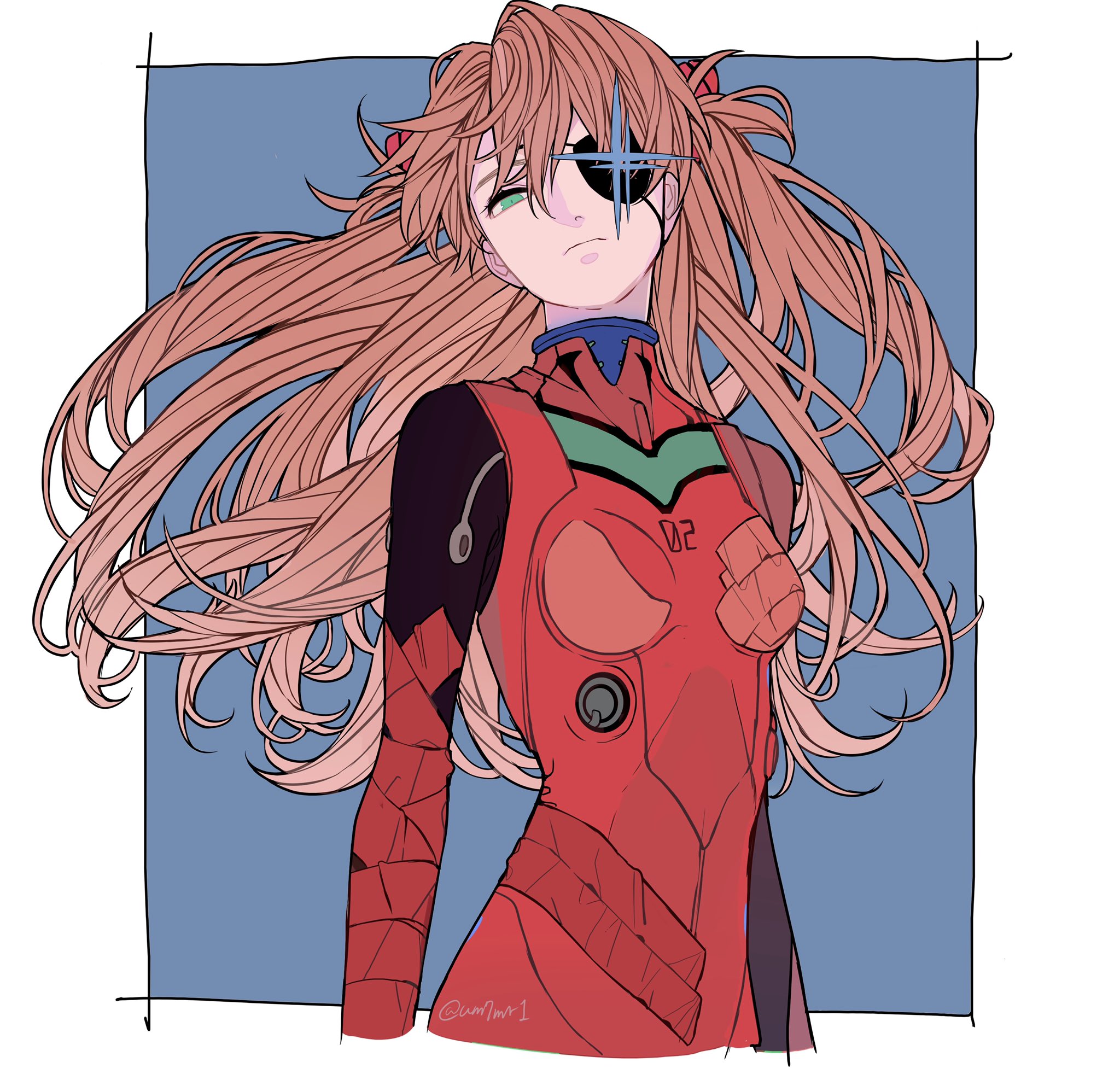 the image features asuka langley soryu, an anime girl from evangelion, wearing her red pilot suit with unit02's logo. she has orange hair and an eyepatch over her left eye. the image is a fan art style.