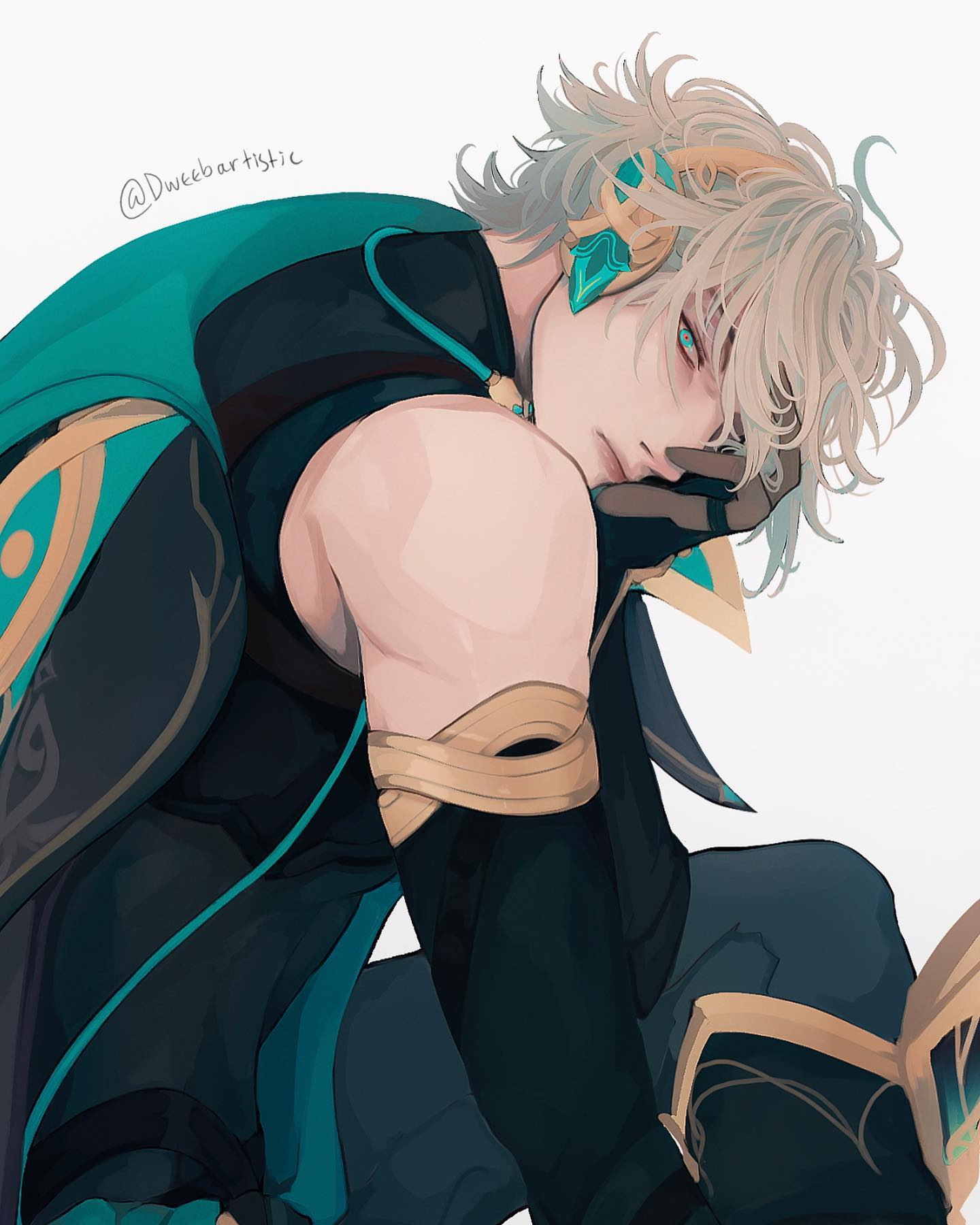 the image is a digital drawing or painting of a young animestyle male character. he has long, light blond hair and is wearing a sophisticated outfit with teal and gold accents. the character appears to be sitting and is looking away from the viewer, his expression is somewhat pensive or mysterious. the artwork is detailed and features a blend of sharp lines and softer shading to create a visually appealing piece.