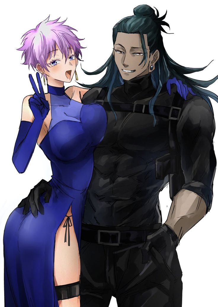he image is a digital fanart depicting a romantic couple. the woman is dressed in a vibrant blue, elegant evening gown with a thighhigh slit, and she is making a peace sign with her hand. her hair is short and purple. the man is wearing a black tactical outfit with a gun holster and has long teal hair tied in a topknot. he is muscular and has a confident expression. the background is plain white. the artwork is in the anime/manga style, with detailed character designs and soft shading. the overall mood is romantic yet has elements of action/adventure due to the man’s attire.