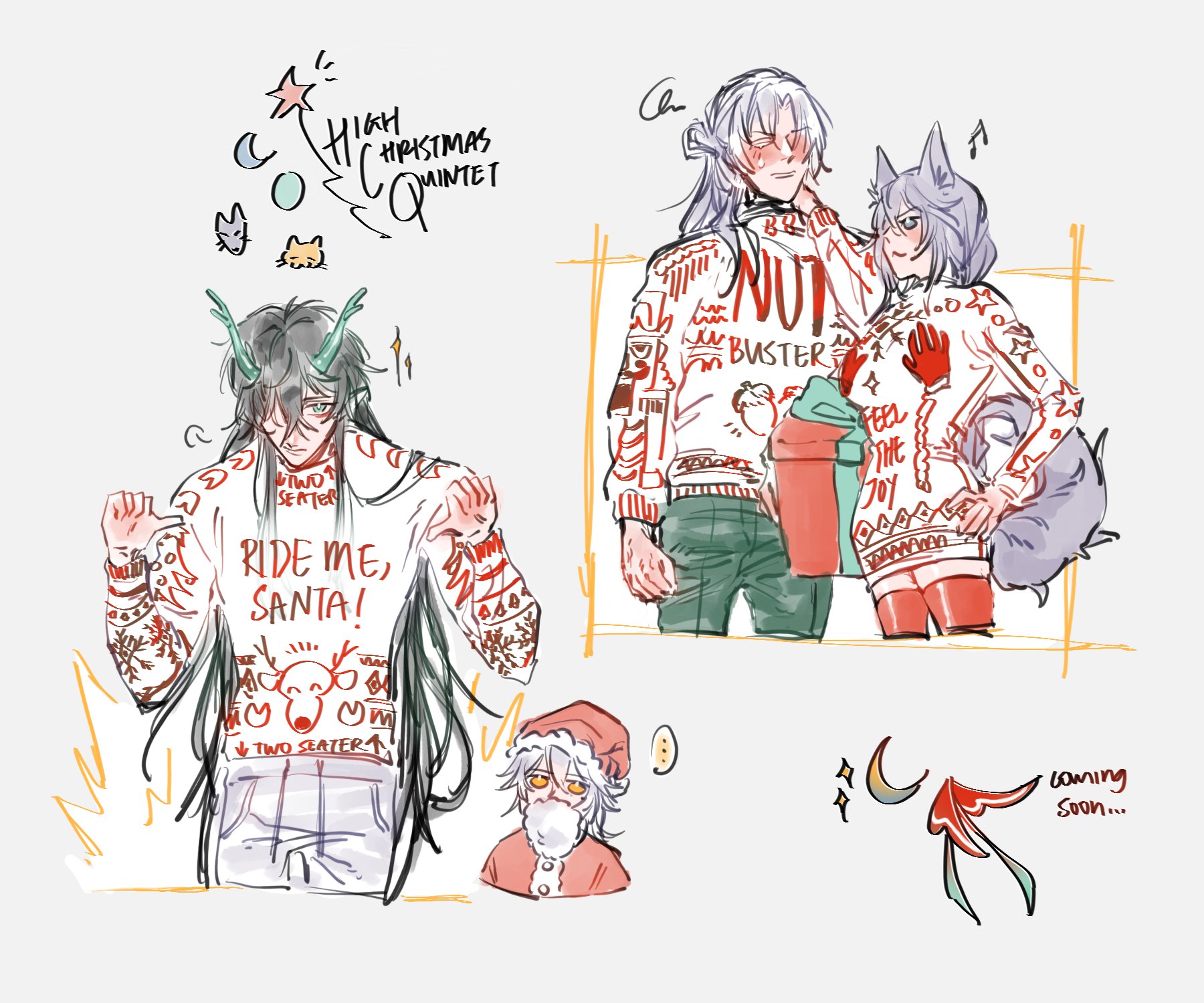 this is a cute christmas illustration of five characters. the central character is a man with long dark green hair wearing a christmas sweater that says "ride me, santa!". he is surrounded by other characters who are also wearing christmas sweaters and holding gifts. the overall design is whimsical and lighthearted.