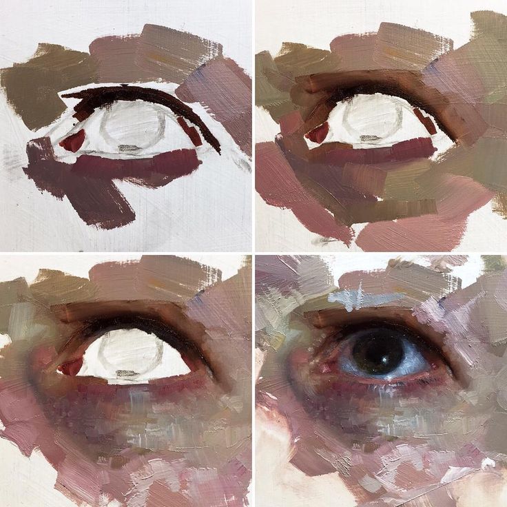 the image is a fourpart tutorial demonstrating the process of painting a realistic human eye using oil paints. each quadrant shows a progressive stage of the painting, starting with basic shapes and values and gradually building up detail and color. the artist uses an impasto technique, with visible thick brushstrokes contributing to the texture and depth of the painting. the color palette is primarily earth tones with muted pinks, browns, and grays.  the tutorial focuses on capturing the form, light, and shadow to create a lifelike representation of the eye.