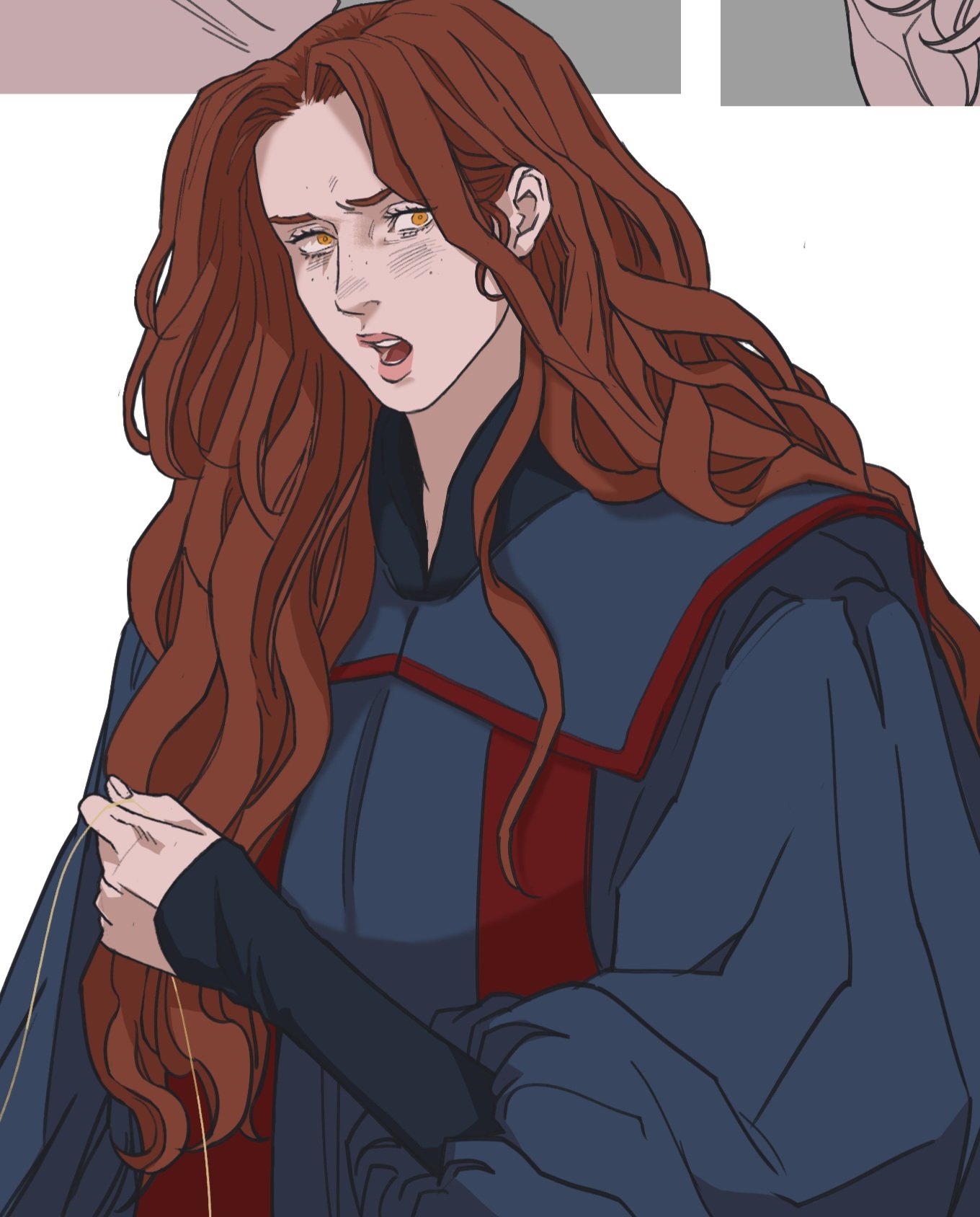 a digitally drawn portrait of a woman with long, wavy red hair and yellow eyes. she has fair skin and freckles on her cheeks and nose. her mouth is slightly open, giving her an expression that suggests surprise, anxiety, or tension. she is wearing a dark blue robe with red trim along the neckline and center. in her hand, she is holding a thin, golden thread.