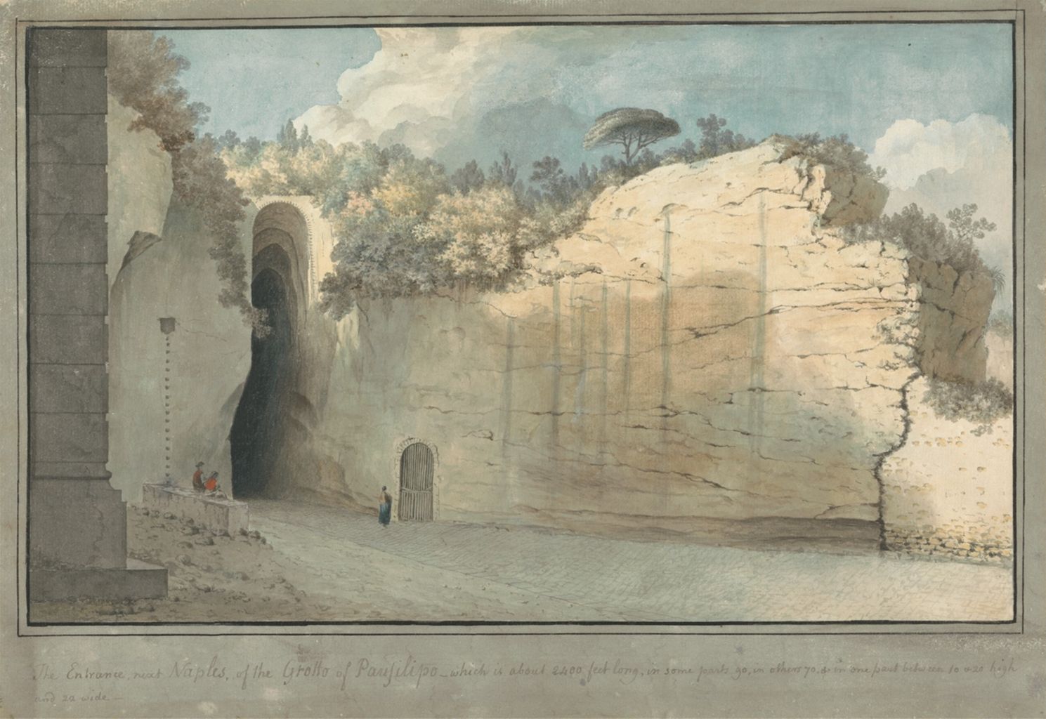 a watercolor painting depicts the entrance to the grotto of pausilippo near naples. the scene features a large archway leading into a dark tunnel, with figures seated on a structure near the entrance. a woman stands by a gated entrance on the right side of the tunnel. the surrounding landscape is rocky, with cliffs, trees, and vegetation. the sky is partly cloudy.