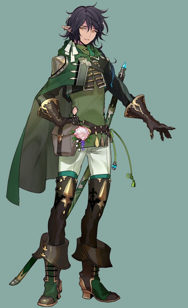 a male elf warrior with dark hair and pointed ears stands in a confident pose. he wears ornate green and brown armor, a long cape, and carries a sword at his hip. he holds a single pink flower, suggesting a softer side to his character.  the image is a detailed character illustration, likely concept art for a fantasy game or story.