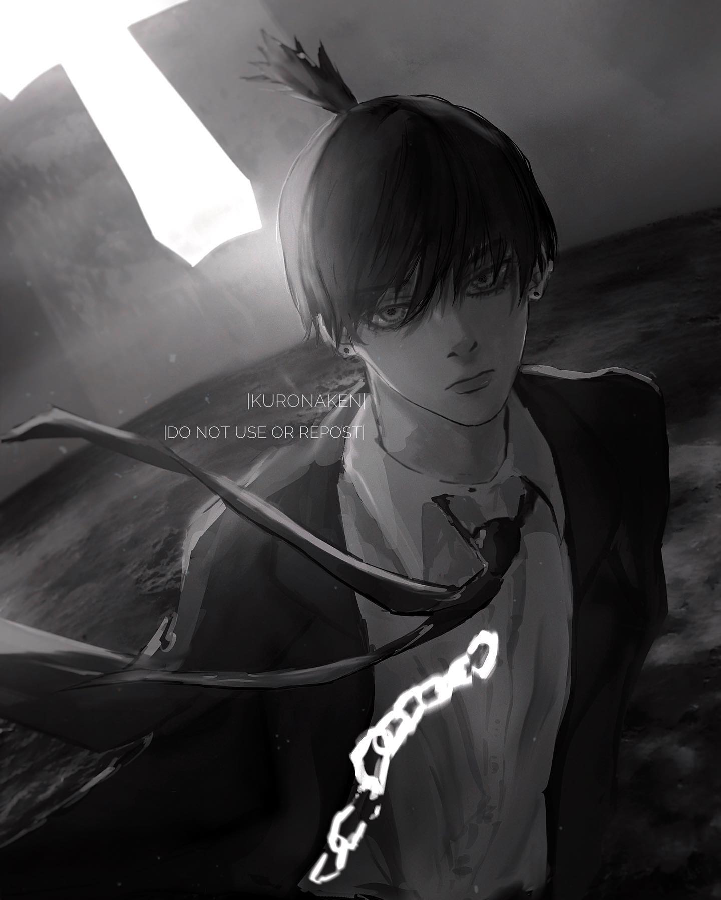 the image is a stylized monochrome portrait of a young animestyle male character. he has dark, shoulderlength hair styled in a topknot and is wearing a dark suit and tie. a chain is draped across his shoulder, partially obscured by his jacket. the lighting is dramatic, with high contrast between light and shadow, creating a moody and mysterious atmosphere. the background is indistinct and dark, focusing attention on the character's intense expression. the overall style is artistic and sophisticated. the watermark indicates it is an original artwork and should not be reused or reposted.