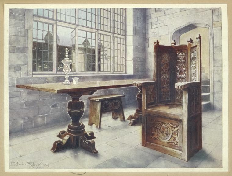 a painting depicts the interior of a room with stone walls. there's a large window on the left, letting in light and a view of a building outside. a long wooden table with an ornate base sits below the window, with a decorative glass item and a small cup on top. a small wooden stool is placed near the table. to the right, there's a grand, carved wooden chair. in the background, an arched doorway leads to a staircase. the painting is signed "edwin foley '09" in the bottom left corner.