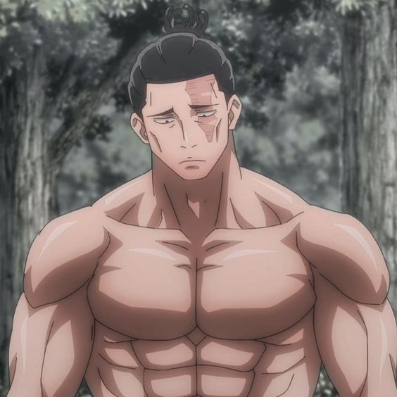 this is a digital drawing of zeke yeager from the anime attack on titan. he is shown from the chest up, shirtless, with his muscular physique on full display. he has a stoic and serious expression on his face, with a prominent scar running down his left eye. the background is a blurry depiction of a forest, rendered in muted greens and browns. the overall tone of the image is emotional and dramatic.