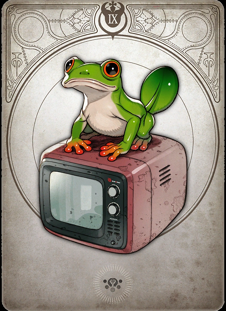 this illustration depicts a whimsical scene of a large green tree frog perched atop a vintage television set. the frog, with its large, orangerimmed eyes and plump body, gazes directly out of the image, creating a sense of engagement with the viewer. the television, rendered in shades of dusty rose and gray, features classic dials and a blank screen. the entire scene is framed within an ornate, art nouveauinspired border, adding a touch of vintage elegance to the overall composition.