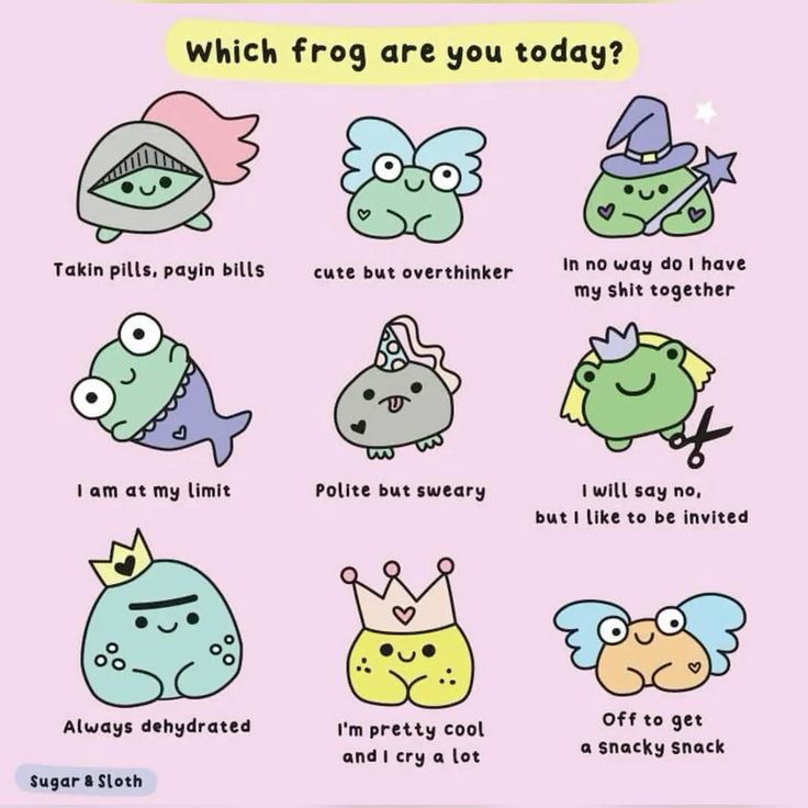 the image is a cartoon meme titled "which frog are you today?" it features nine different cartoon frogs, each with a unique design and accompanying text describing their current state or personality. some examples include "takin pills, payin bills," "cute but overthinker," and "off to get a snacky snack." the image is colorful and playful, with a lighthearted tone. the creator's name, "sugar & sloth," is visible at the bottom left corner.
