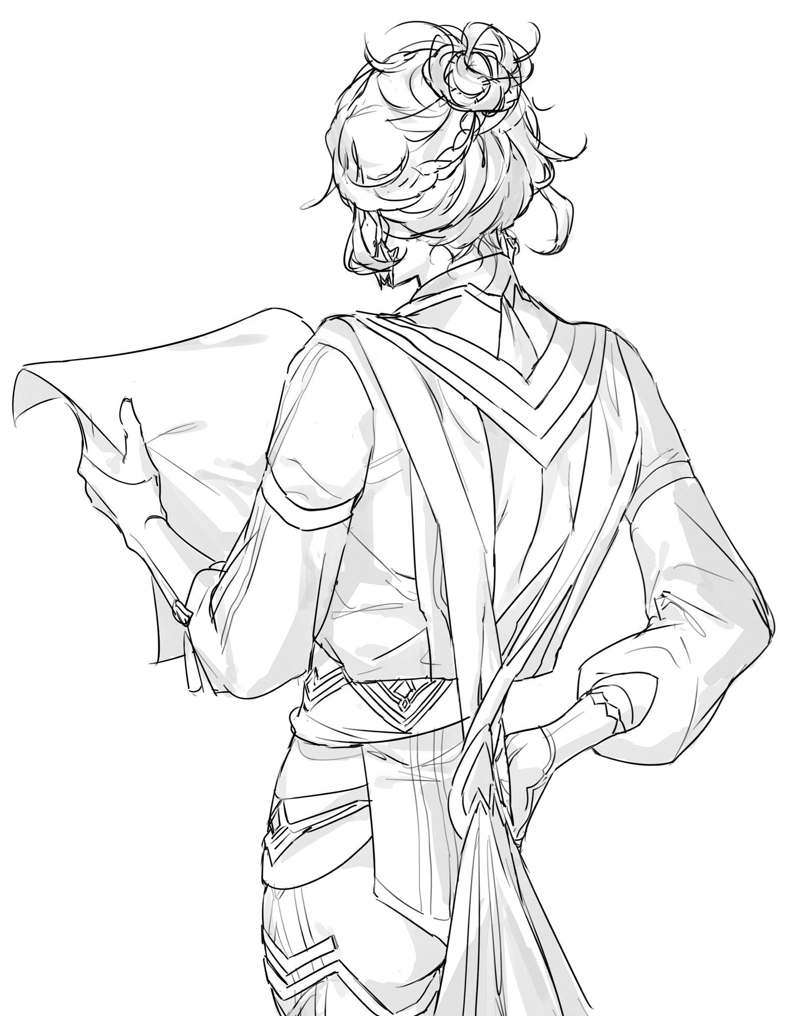 the image is a line art drawing of a woman from behind, her hair in a bun, reading a scroll. she is wearing an elegant, flowing robe with decorative elements. the style is reminiscent of anime or manga. the lines are clean and simple, yet detailed enough to convey the character's pose and clothing. the overall tone is elegant and artistic.