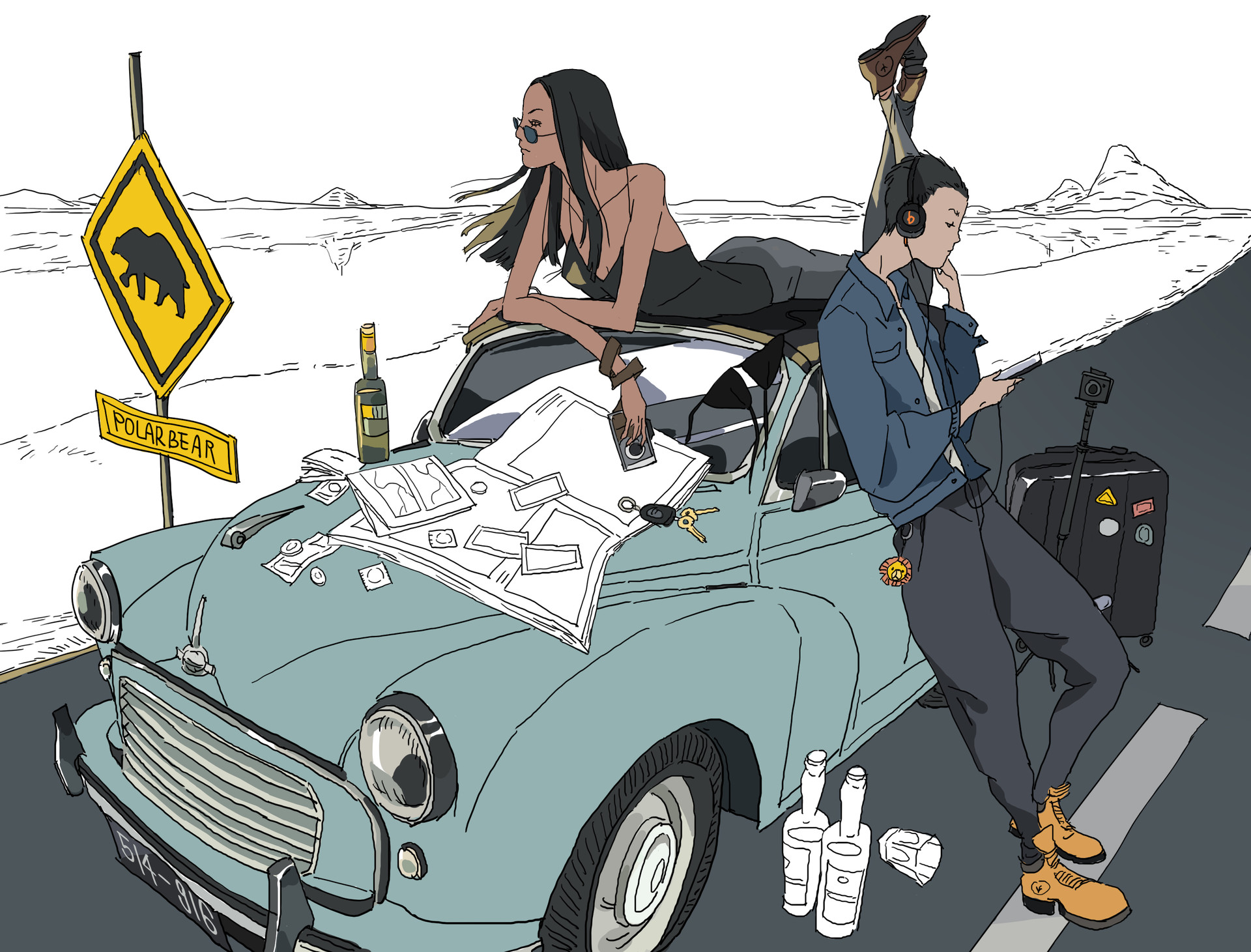 a vintage blue car is parked on the side of a highway. a woman with sunglasses, long black hair, and a black dress is sitting on the car with one leg hanging out the side. a man with headphones is leaning on the side of the car. he is wearing a blue jean jacket, black pants and sneakers. the car is packed with luggage, a backpack, and maps. there is also a bottle in the front of the car. they are on a road trip and getting ready to leave.