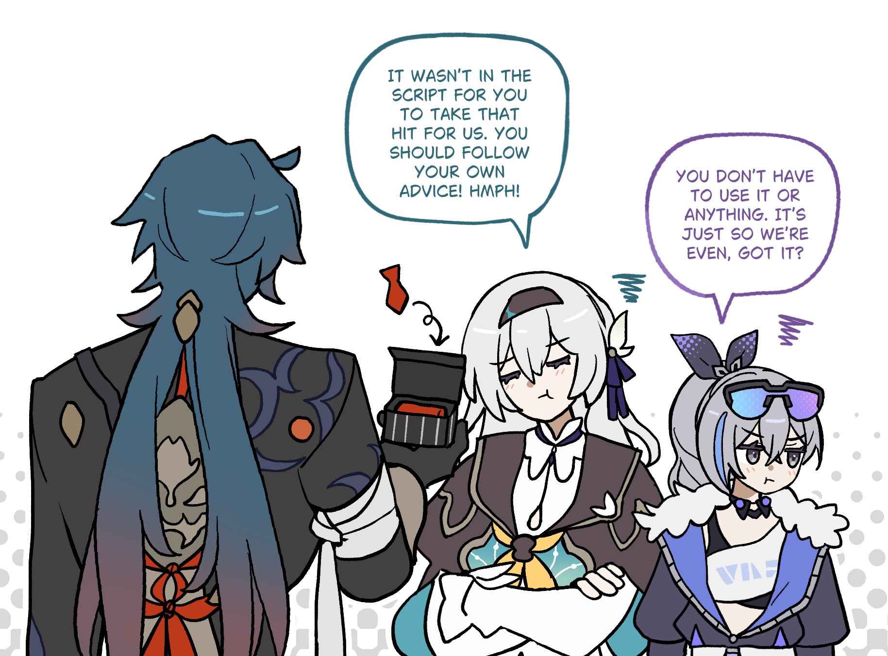 the image is a digital drawing of three characters from an anime or manga, two boys and one girl. they are talking to each other with speech bubbles. the boy on the left is tall and wearing a black and blue outfit with a red ribbon. he looks serious and a little bit angry. the boy in the middle is wearing a purple and white outfit and a yellow scarf. he has a sad expression on his face. the girl on the right is wearing a blue and black outfit and has her hair in pigtails. she is wearing sunglasses and has an annoyed expression on her face. they are all in the middle of a conversation. the boy on the left is complaining about the script, while the girl is telling him to follow his own advice. the boy in the middle seems unsure of what to do.