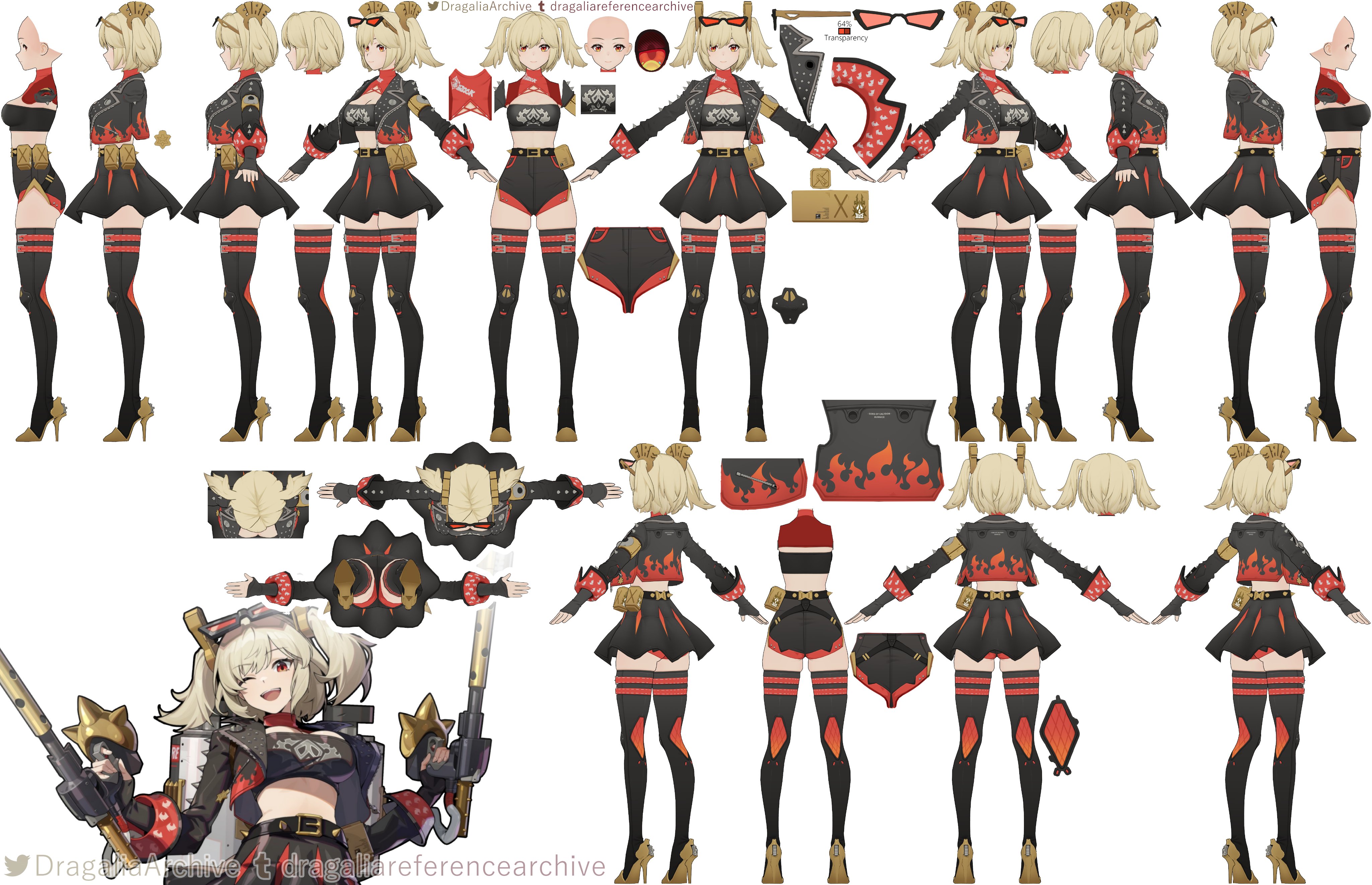 this image is a comprehensive character design sheet for a female character from the game dragalia lost.  it showcases multiple angles and views of the character, along with detailed breakdowns of her outfit, accessories, hairstyle, weapons, and even separate elements of her clothing. the sheet includes front, back, and side profile views, as well as various poses. it appears to be a reference sheet for game developers or artists working on the character's 3d model in the game. the character design is predominantly animeinspired, with a fiery, edgy aesthetic featuring flame details on her clothing and accessories.