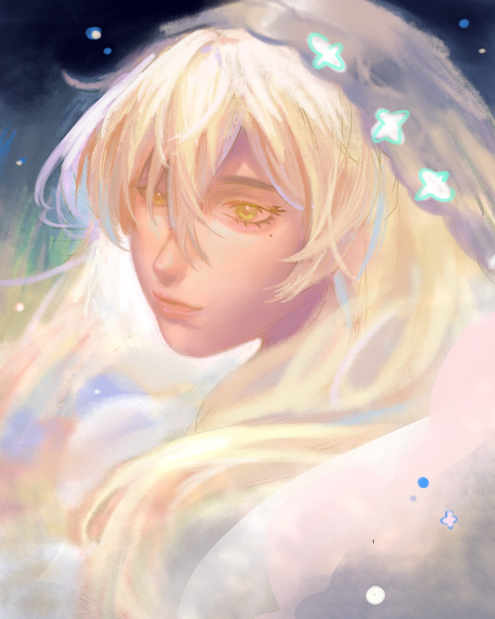 the image depicts a young anime girl with long, flowing blonde hair. she has soft, delicate features and a sweet expression. her hair is styled in a loose braid, and she is wearing a white dress with a pastel blue flower pattern. the background is a soft, ethereal blend of pastel colors, with stars and flowers scattered throughout. the overall mood of the image is dreamy and magical, conveying a sense of wonder and innocence. the girl appears to be floating amidst the clouds, with a gentle breeze ruffling her hair.