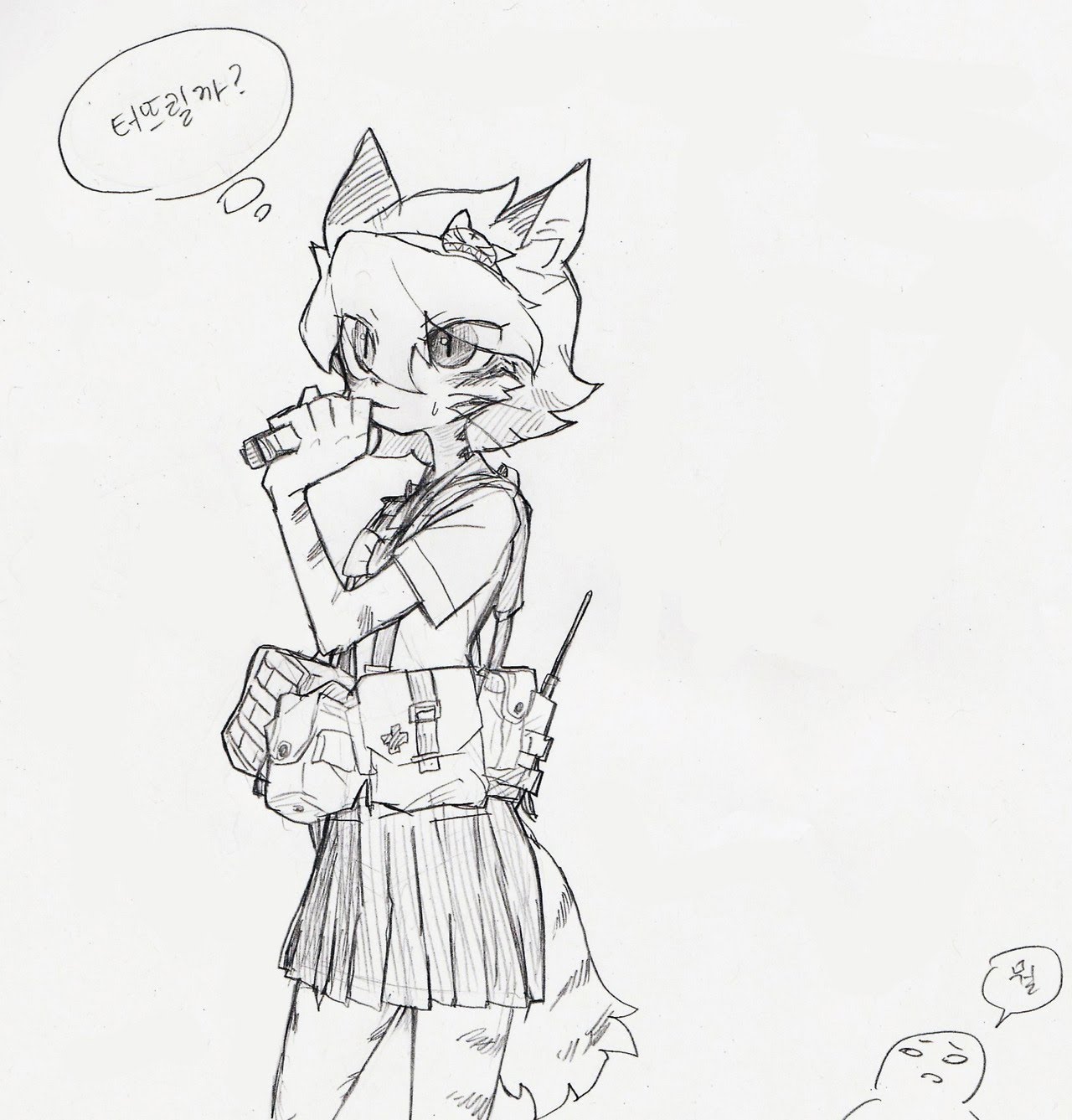 this is a black and white pencil drawing of a young anime girl with cat ears and a tail, wearing a military uniform and carrying a backpack. she is holding a weapon in her right hand and seems to be looking at someone offscreen. there is a speech bubble above her head that says "다른건가?" (meaning "something else?") in korean. the drawing is very detailed and expressive, with soft shading and clear lines. the girl's facial expression is a mix of curiosity and determination, giving her a charming and playful vibe.