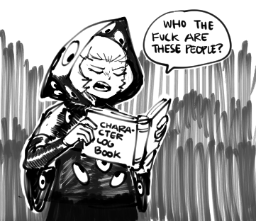 a black and white drawing of a person in a hood holding a book. they are looking at the book and a speech bubble above them says, "who