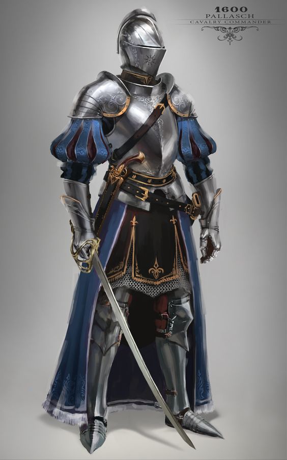 a digital illustration showcasing a knight, labeled "1600 pallasch cavalry commander". the knight is clad in ornate, polished steel plate armor with blue and gold accents on the sleeves, skirt, and tassets. he is armed with a long sword held in his right hand and a smaller sword or dagger sheathed at his left hip. the helmet is a closefaced style, and the overall design evokes a sense of elegance and power associated with highranking cavalry officers of the era. the background is a simple light gray, drawing focus to the details of the armor and weaponry.
