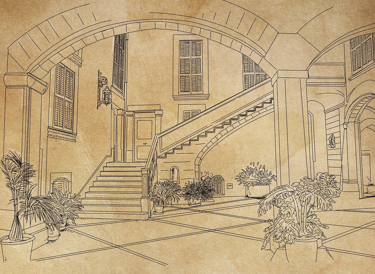 a line drawing on a tan background depicts a courtyard with an archway leading to a building with multiple levels. stairs lead up to a door and other windows on different levels of the building. various potted plants are scattered around the courtyard floor, which is patterned with lines creating a tiled effect. the building features windows with shutters, an archway, and a decorative lamp.