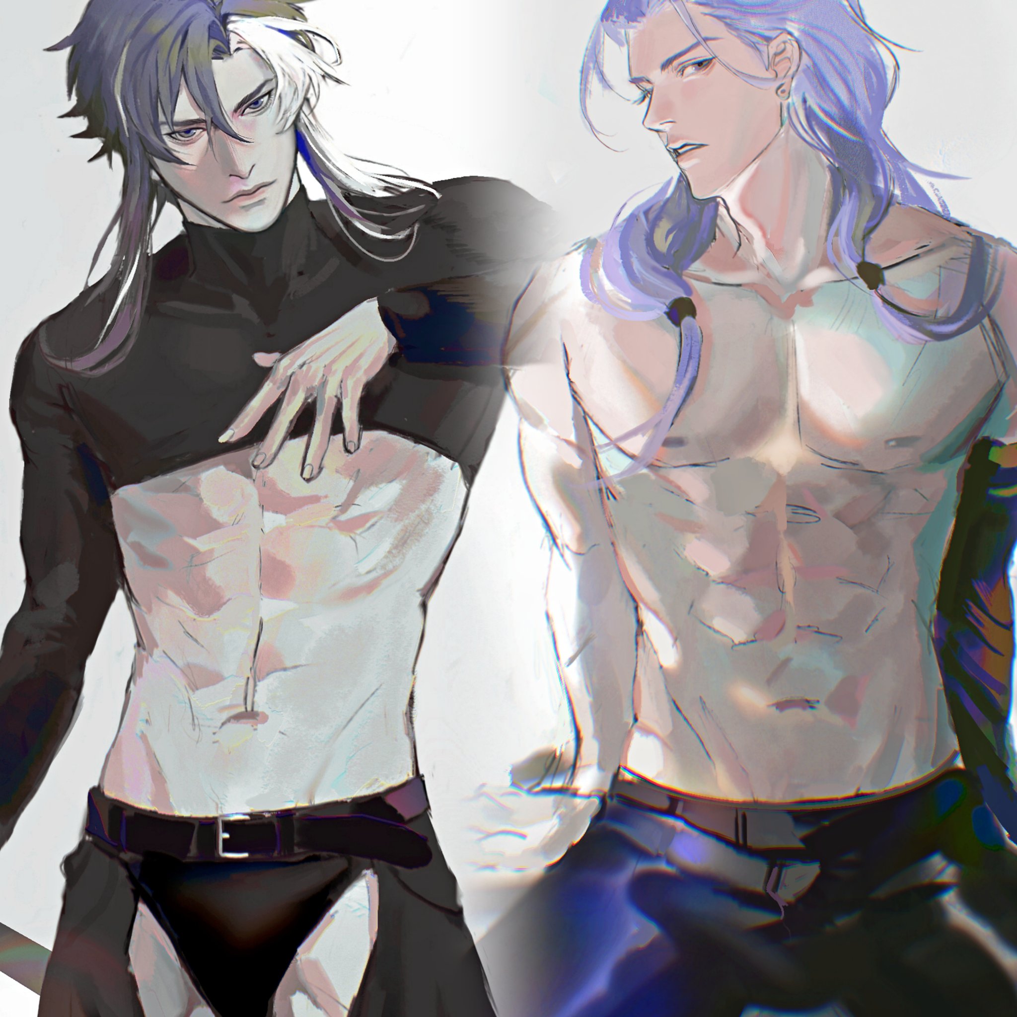 this is a digital drawing of two anime/manga male characters. the character on the left is wearing a black crop top and black pants with a belt. he has long white and black hair and is looking towards the viewer. the character on the right is wearing black pants with a belt and has long purple hair. he is looking towards the viewer, and his torso is exposed showing his muscular abs.