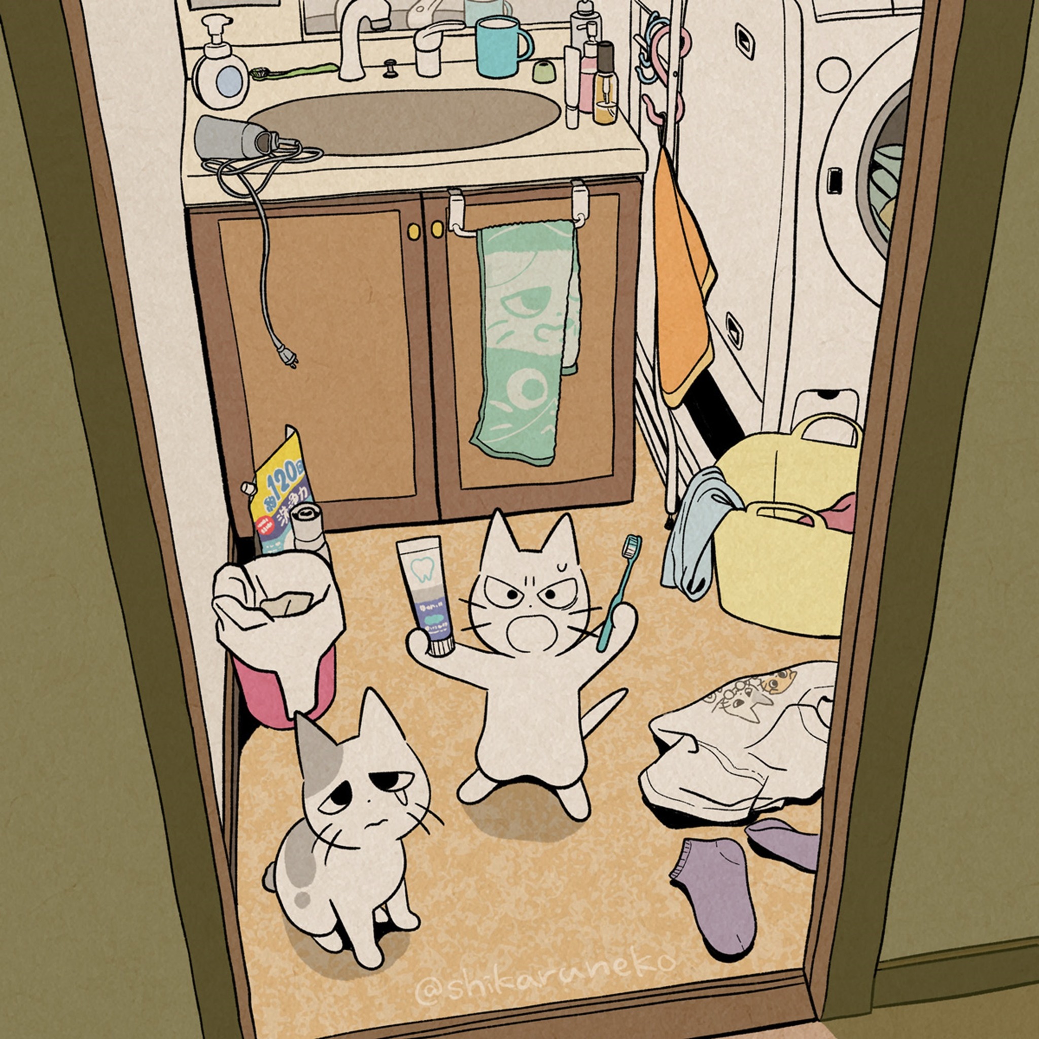 the illustration depicts a cartoon scene of a messy bathroom.  two cats are the focal point; one is angrily holding a toothbrush and toothpaste, while the other sits sadly looking down. the bathroom is cluttered with laundry, toiletries, and other household items. the style is reminiscent of a comic strip or anime, with bold outlines and muted colors. the overall mood is humorous and slightly chaotic.