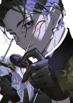 a portrait of a young man with blue hair and a cut on his face. he's wearing a black glove and holding a pair of glasses with a red design. his expression is serious and his gaze is intense. he's wearing a white shirt with gold details.