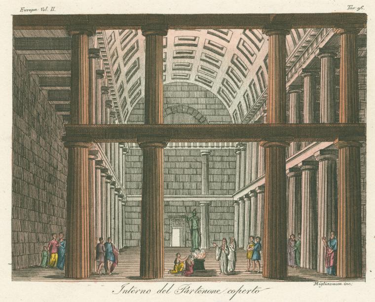 the image shows an architectural drawing of the interior of the parthenon. the building has many columns and a vaulted ceiling with decorative rectangular patterns. groups of people are shown inside, some kneeling before an altar and statue. the scene evokes a sense of ancient worship and architectural grandeur.