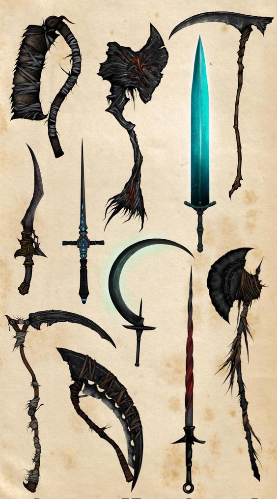the image showcases a collection of thirteen distinct medieval weapons, likely designed for a fantasy setting. the weapons range from swords and axes to scythes and daggers, each meticulously detailed and imbued with a sense of power and history.  the color palette leans towards a dark and gritty aesthetic, highlighting the menacing nature of these instruments of war.